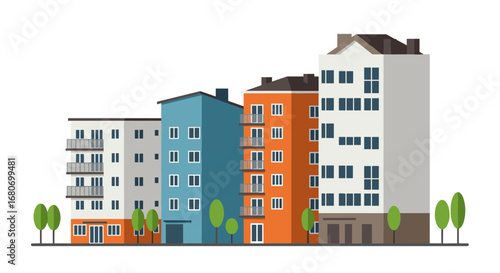 Urban apartment building facade with trees and diverse architecture in flat design