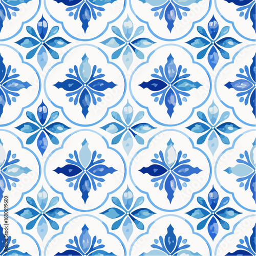 Beautiful vector seamless pattern with watercolor hand drawn blue dutch style tiles