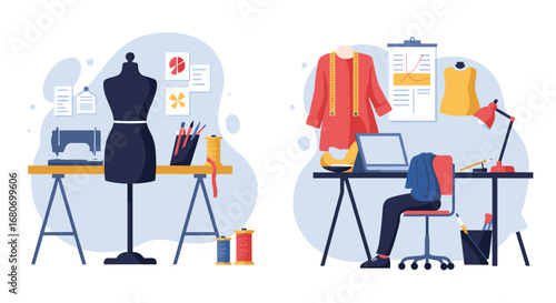 Creative fashion design workspace with sewing patterns and tools in a modern flat style