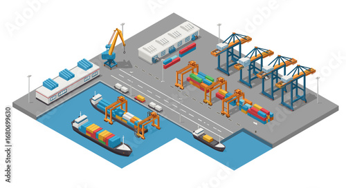 Modern isometric cargo port with cranes, shipping containers, and ships docked
