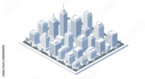 Modern urban cityscape in isometric view with high-rise buildings and streets