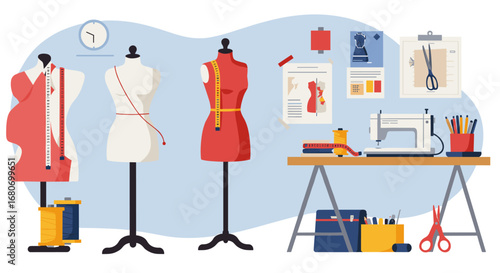 Seamstress workshop scene with dress forms and sewing equipment in flat style