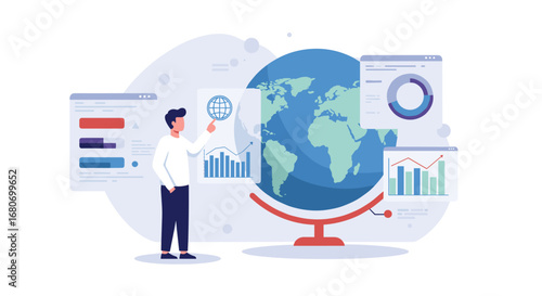 Data analyst examining global trends on interactive digital globe