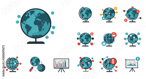 Global communication icons: flat earth globe with network connections and data symbols