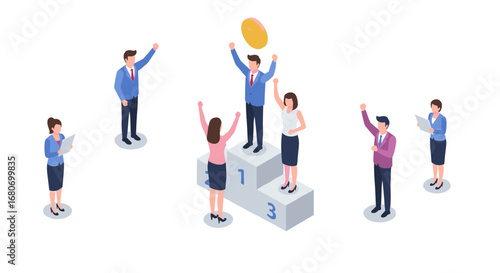 Isometric business team celebrating success on podium with gold coin