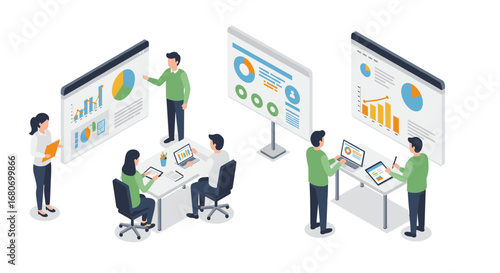 Business team analyzing data with charts and graphs in isometric design
