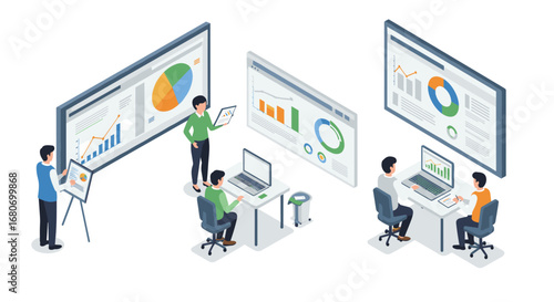 Business team analyzing data on interactive screens in modern office setting