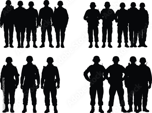 Set of four black silhouette groups of soldiers, army troops standing in formation, military team vector illustration on white background