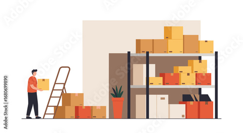 Organized warehouse setup with worker arranging boxes on shelves in flat design