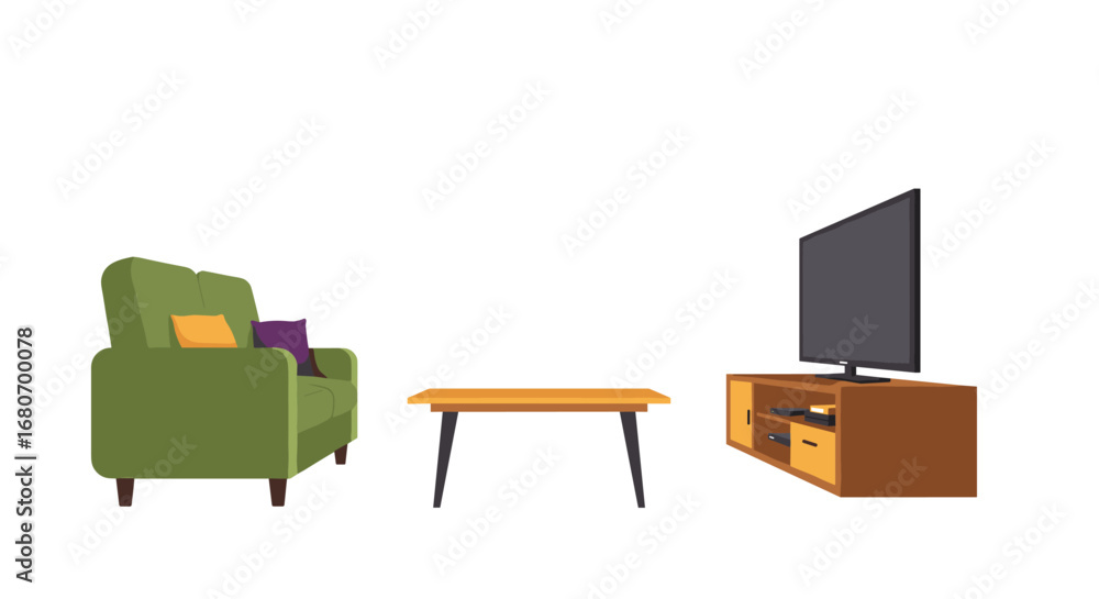 Fototapeta premium Modern home living room with sofa, coffee table, and entertainment center setup