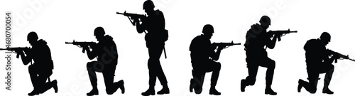 Silhouettes of soldiers aiming rifles in various shooting positions, black and white military illustration, armed troops vector on white background