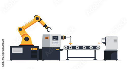 Industrial automation process with robotic arm and conveyor belt in modern factory setting