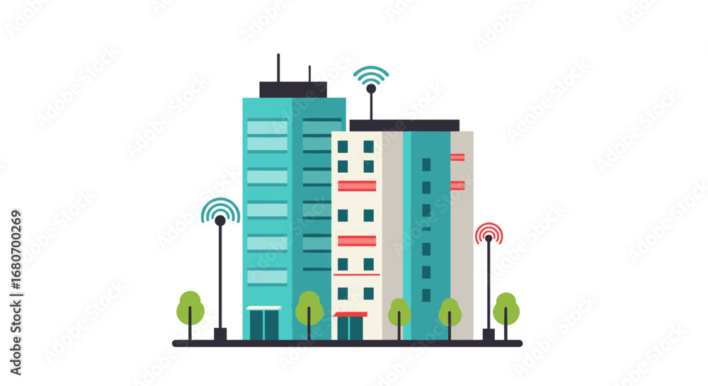 Fototapeta premium Modern urban buildings with wireless connectivity and smart technology elements