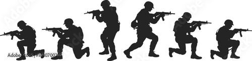 Silhouettes of soldiers aiming rifles in various shooting positions, black and white military illustration, armed troops vector on white background