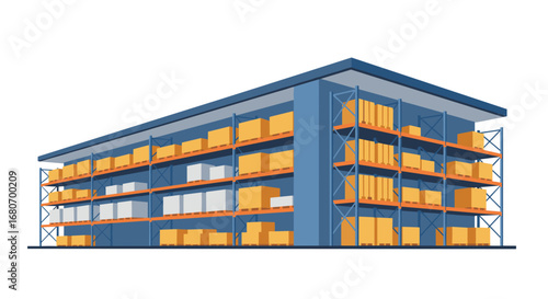 Modern warehouse storage facility with shelves and boxes in flat design