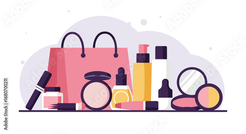 Flat design makeup collection with cosmetic products and shopping bag