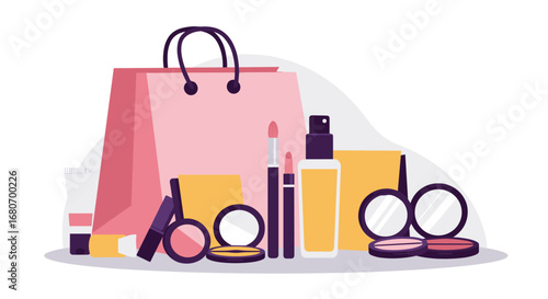 Beauty essentials: makeup items with shopping bag in modern flat design