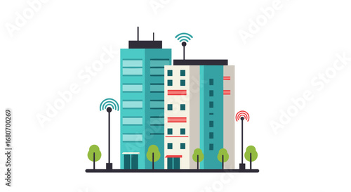 Modern urban buildings with wireless connectivity and smart technology elements