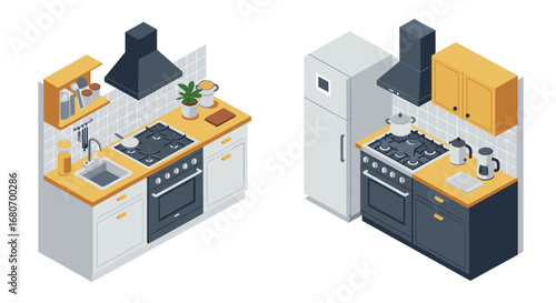 Modern isometric kitchen set with appliances and minimalist design elements