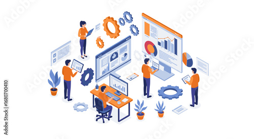 Wallpaper Mural Collaborative teamwork in a modern isometric office environment with digital analytics Torontodigital.ca