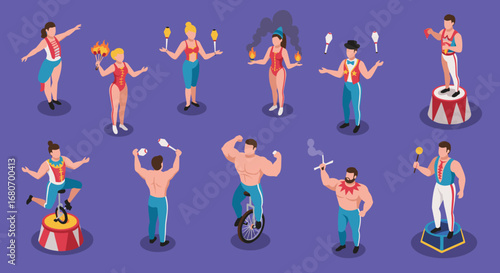Colorful circus performers in various acts: juggling, fire, strength