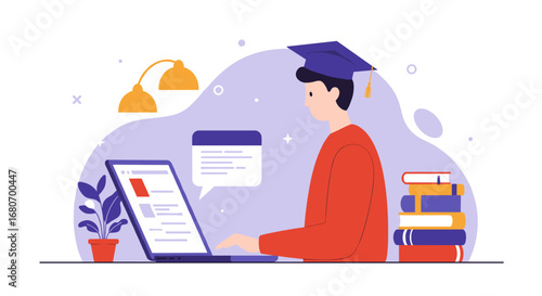 Online learning concept with student wearing graduation cap using laptop