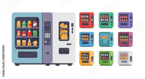 Colorful vending machines collection with drinks and snacks in flat design