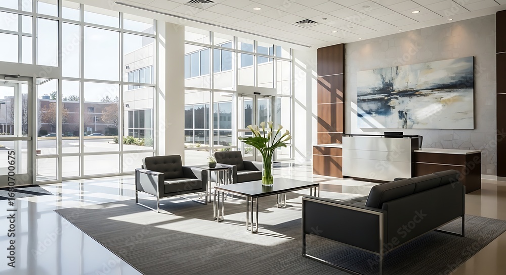 Fototapeta premium Spacious Lobby Interior with Glass Windows and Modern Furniture Decor