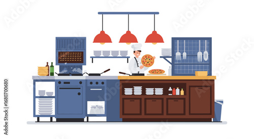 Modern kitchen with chef preparing pizza in flat design style