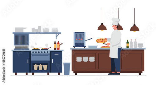 Chef in modern kitchen preparing pizza with professional equipment