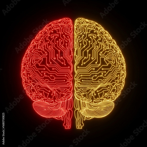 Artificial Intelligence concept of a digital brain with glowing red and yellow hemispheres, symbolizing the fusion of logic, creativity, and complex data processing on a neural network. Generative AI.