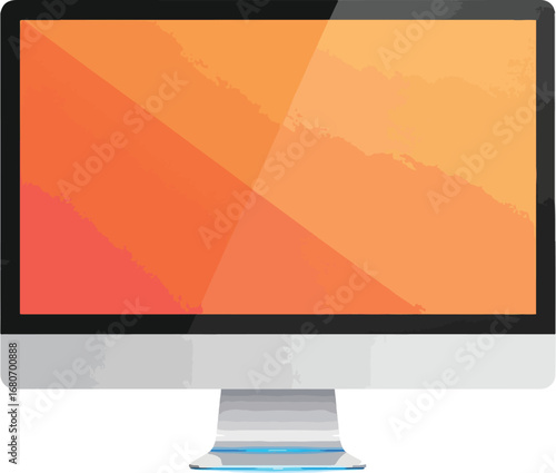 Modern desktop computer monitor displaying a vibrant geometric abstract orange pattern