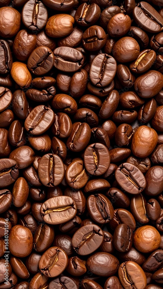 Fototapeta premium Close-up view of roasted coffee beans, displaying rich browns and textures.