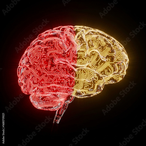 Artificial Intelligence concept of a digital brain with glowing red and gold hemispheres, symbolizing the fusion of logic, creativity, and complex data processing on a neural network. Generative AI.