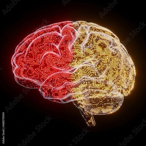 Artificial Intelligence concept of a digital brain with glowing red and gold hemispheres, symbolizing the fusion of logic, creativity, and complex data processing on a neural network. Generative AI.