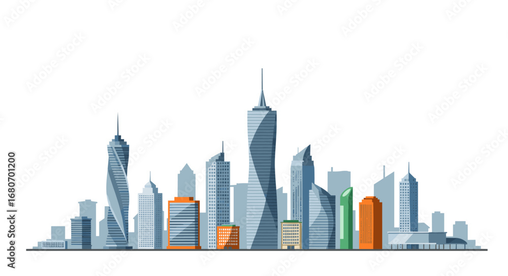 Naklejka premium Modern city skyline with skyscrapers and urban architecture in flat design