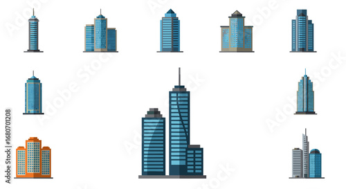 Modern high-rise building set in flat design with blue and orange accents