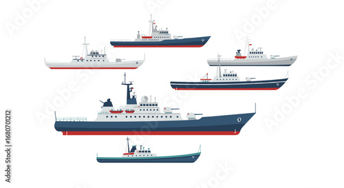 Collection of navy ship graphics in flat design on white background