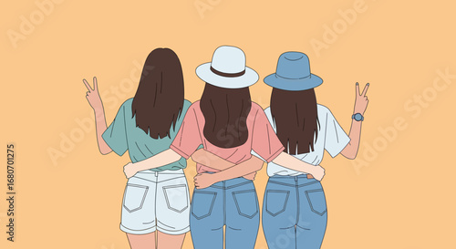 Trendy Line Art Rear View Three Girlfriends Friendship Concept Illustration