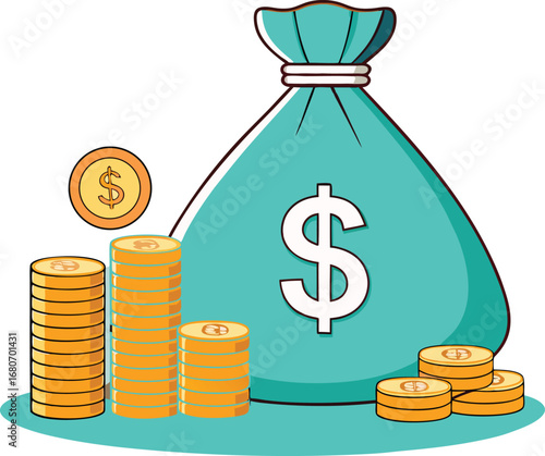 Money bag with stacks of coins representing wealth financial growth and savings