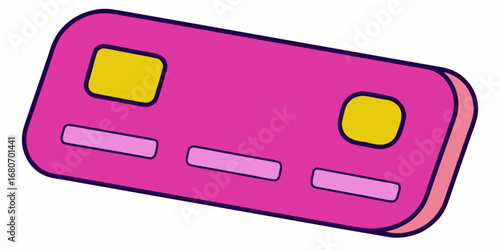 Stylized pink credit card with yellow chip and magnetic stripe for financial transactions and purchases