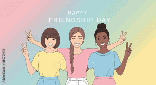 Minimalist Line Art Three Female Friend Character Illustration Friendship Day
