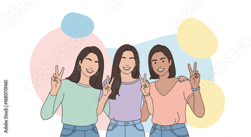 Minimalist Line Art Three Young Girl Friends Posing Together Illustration