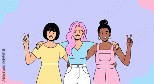 Flat Illustration Three Happy Diverse Woman Embrace Friendship Lifestyle Graphic