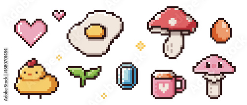 Pixel icon collection with 8 bit hearts, fried egg, mushroom character and sprout for retro game designs. Cute chicken, coffee mug and diamond. Nostalgic arcade assets for indie games or digital art.