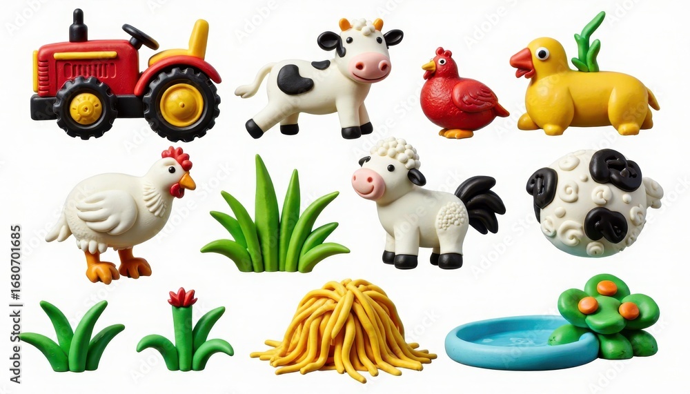 Naklejka premium Collection of colorful plastic farm animals and tractor toys on a white background
