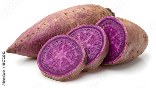 Vibrant Purple Sweet Potato: Whole and Sliced, Studio Shot, Fresh Produce, Healthy Food, Isolated on White Background