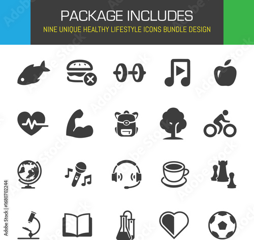 Healthy lifestyle icon collection promoting wellness through diverse activities in simple grayscale