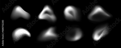 Blur shape blob collection with soft white gradient forms on black background for abstract design and overlay effects. Smooth organic modern elements with diffused blurry edges and glowing spots
