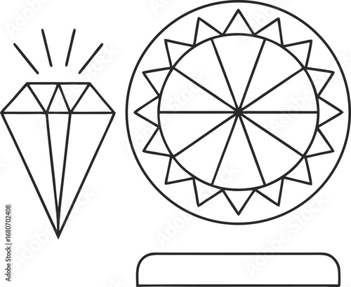 A diamond and a round gem are depicted in a simple black and white line drawing style, minimalist and elegant